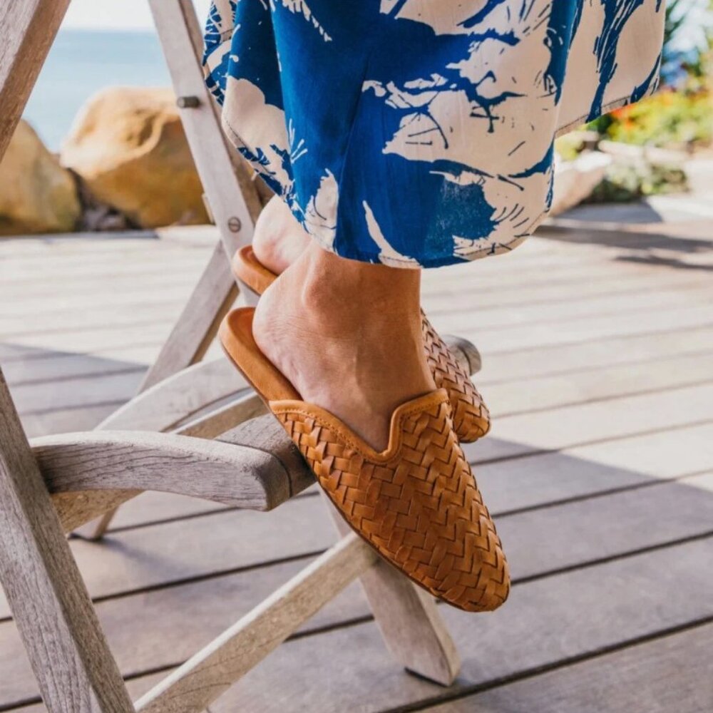 OluKai Mi’i Woven Leather Mules in Tan